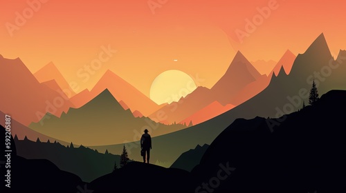 minimalist flat design illustration of nature landscape mountain forest at sunset or sunrise time  Generative Ai