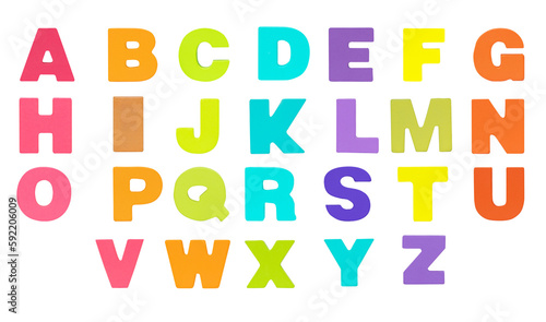 English alphabet letter uppercase  A-Z  Isolated on cutout PNG. Wooden jigsaw multicolor tangram puzzle as shape . English. it is universal language used in learning education for children.