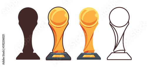 Golden trophy set vector illustration, collection trophy, silhouette and line art trophy, award icon