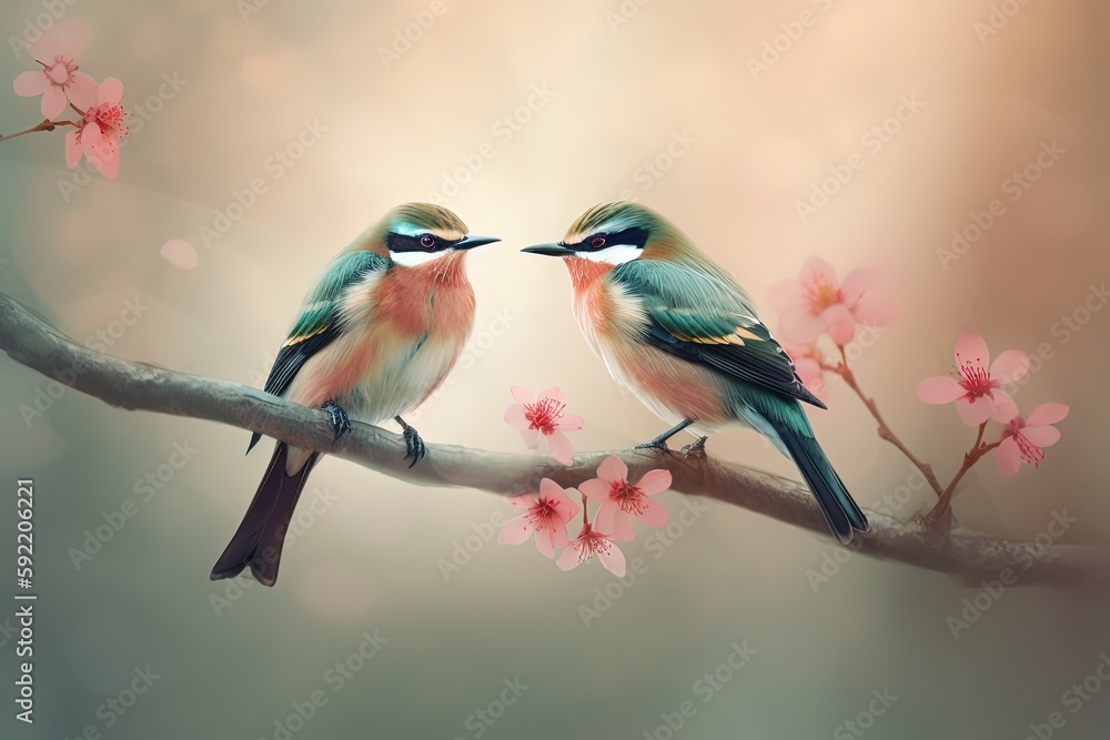 Obraz premium painting illustration style of two canary birds, bird, couple on cherry blossom branch in spring time, generative Ai