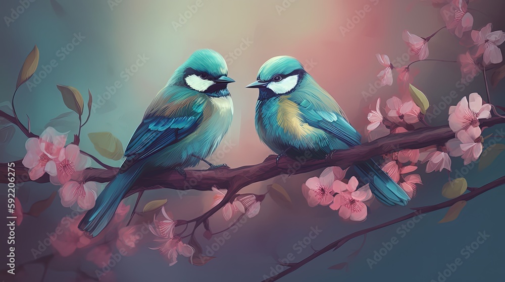 Obraz premium painting illustration style of two canary birds, bird, couple on cherry blossom branch in spring time, generative Ai