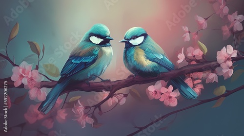 painting illustration style of two canary birds, bird, couple on cherry blossom branch in spring time, generative Ai