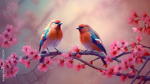 painting illustration style of two canary birds, bird, couple on cherry blossom branch in spring time, generative Ai © QuietWord