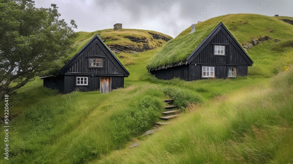 Obraz premium grass roof cottage in rural countryside, Generative Ai