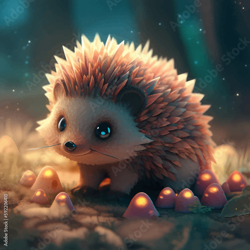 Super Cute Hedgehog in the night forest. Funny cartoon character. Fairy tale. Fantasy. 3d illustration.  3D Vector illustration. © Zakhariya