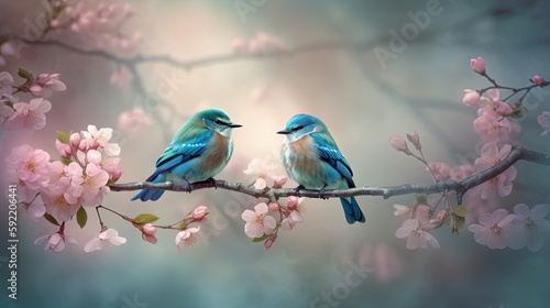 two canary birds, bird, couple on cherry blossom branch in spring time, generative Ai