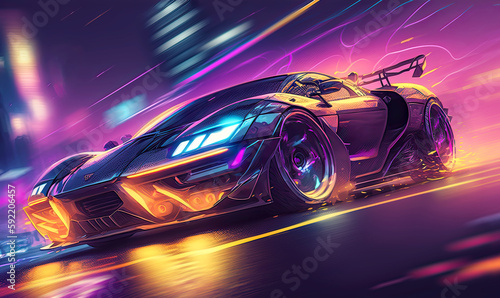 Luxury sport supercar at high speed drive. Postproducted generative AI illustration.