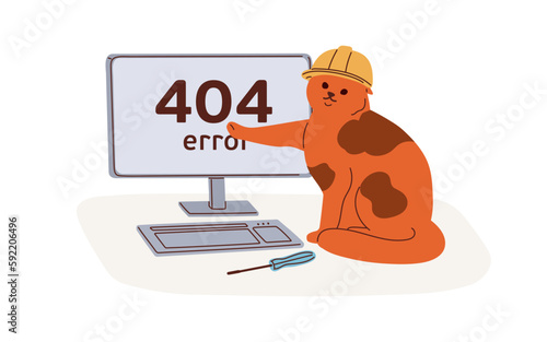 404, web error, page not found mistake, website access failure. Wrong failed webpage design with cute funny cat. Loading trouble, problem. Flat graphic vector illustration isolated on white background