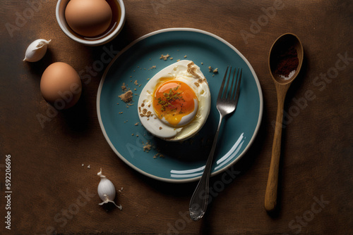 Aerial view of delicious and tasty egg presented on a blue plate on a wooden table. Generative AI