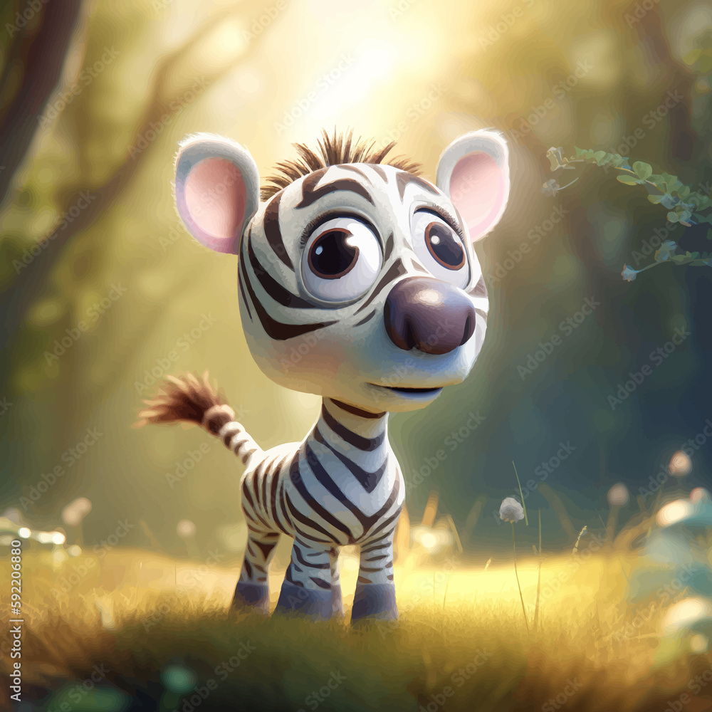 Super Cute little baby Zebra in the forest. Funny cartoon character with big eyes. 3D Vector illustration.
