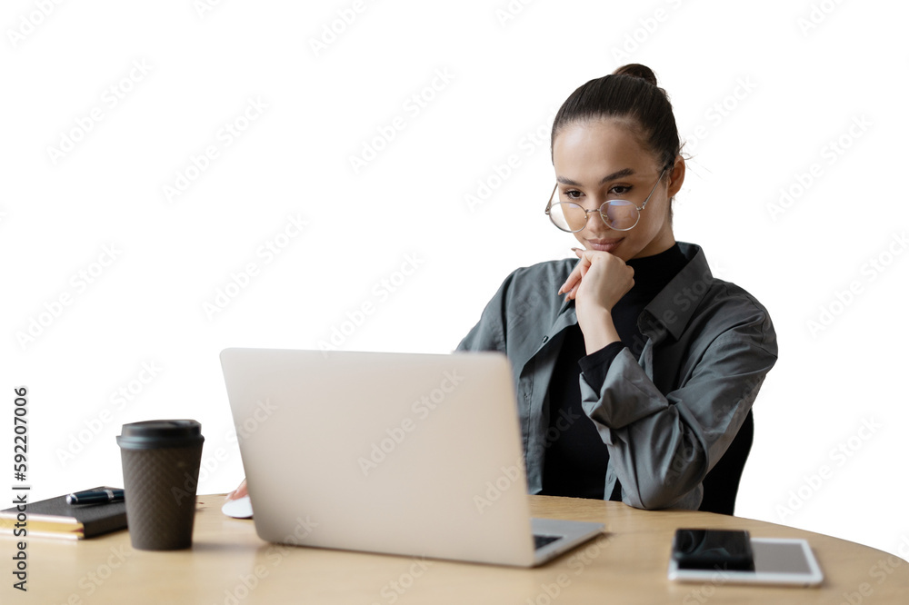 A woman uses a laptop in an office workplace, transparent background, png.in A woman uses a laptop in an office workplace, transparent background, png.in