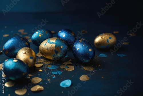 a group of gold and blue easter eggs on a blue surface with confetti scattered around them on a dark blue background with gold dots, generative AI