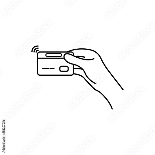 black thin line hand with contactless card. linear lineart style modern iot logo graphic art design isolated on white. concept of noncontact and non-cash banking or paying in store and without contact