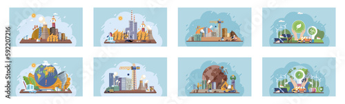 Climate change set. Toxic waste from human. Industries that create pollution and cities that affected by pollution. Climate change cycle as a dried or dry cracked land suffering from drought