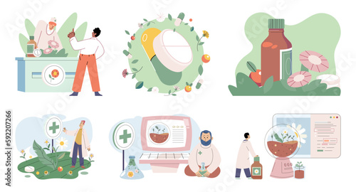 Homeopathy and herbal remedies set. Medical research laboratory diagnostics. Homeopathic treatment and phytotherapy. Traditional herb recipes of alternative medicine. Medicine pharmacy. Herbal pills