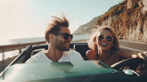 Beautiful young couple in love driving a convertible across a beach landscape. Generative AI