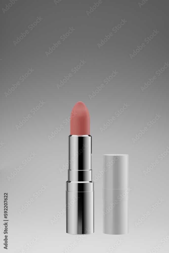 3D rendering scene of luxury silver packaging lipstick with pink tone isolated on gray background. Beauty makeup products realistic vector mockup 3D rendering scene of luxury silver packaging lipstick with pink tone isolated on gray background. Beauty makeup products realistic vector mockup