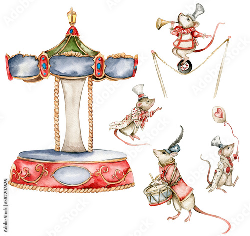 Watercolor circus set of elements in vintage style. Perfect for wedding, invitations, blogs,card templates, birthday and baby cards, patterns, quotes. isolater on white background.Cute circus animals.