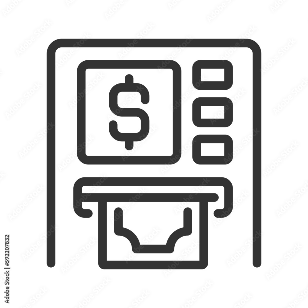 ATM pixel perfect linear icon. Automated teller machine. Withdrawing cash. Financial transactions. Thin line illustration. Contour symbol. Vector outline drawing. Editable stroke. Arial font used ATM pixel perfect linear icon. Automated teller machine. Withdrawing cash. Financial transactions. Thin line illustration. Contour symbol. Vector outline drawing. Editable stroke. Arial font used