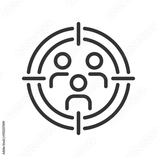 Target audience pixel perfect linear icon. Customer research. Consumer segmentation. Dividing people. Thin line illustration. Contour symbol. Vector outline drawing. Editable stroke. Arial font used