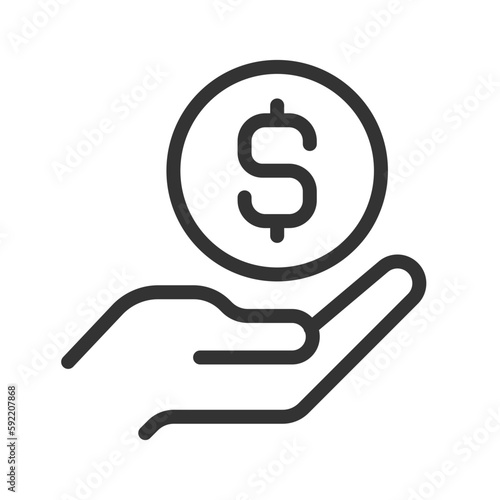 Coin in hand pixel perfect linear icon. Giving money. Financial contribution. Lending cash. Thin line illustration. Contour symbol. Vector outline drawing. Editable stroke. Arial font used