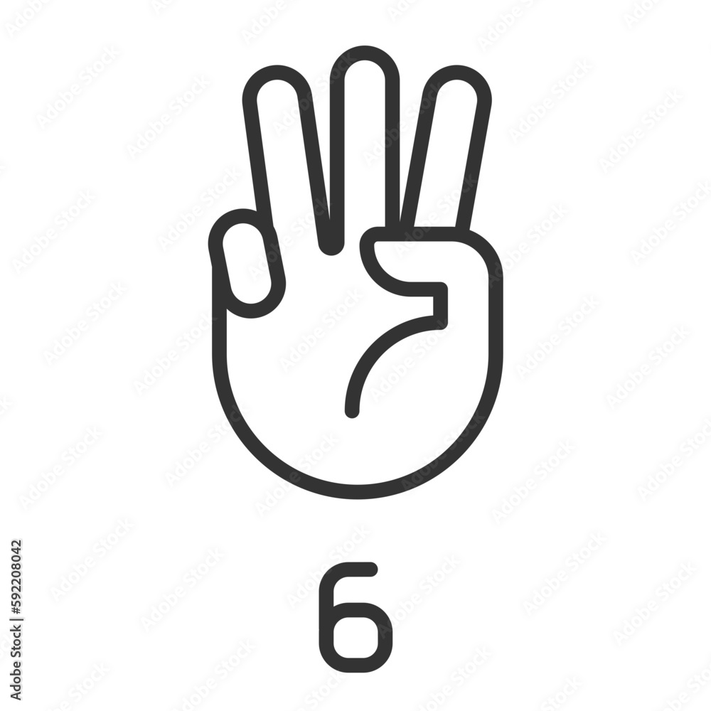 Digit six in American sign language pixel perfect linear icon. Visual modality for count. Thin line illustration. Contour symbol. Vector outline drawing. Editable stroke. Arial font used Digit six in American sign language pixel perfect linear icon. Visual modality for count. Thin line illustration. Contour symbol. Vector outline drawing. Editable stroke. Arial font used