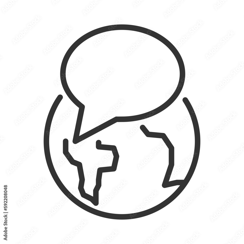 Globe with speech bubble pixel perfect linear icon. International communication. Wireless connection. Thin line illustration. Contour symbol. Vector outline drawing. Editable stroke. Arial font used Globe with speech bubble pixel perfect linear icon. International communication. Wireless connection. Thin line illustration. Contour symbol. Vector outline drawing. Editable stroke. Arial font used