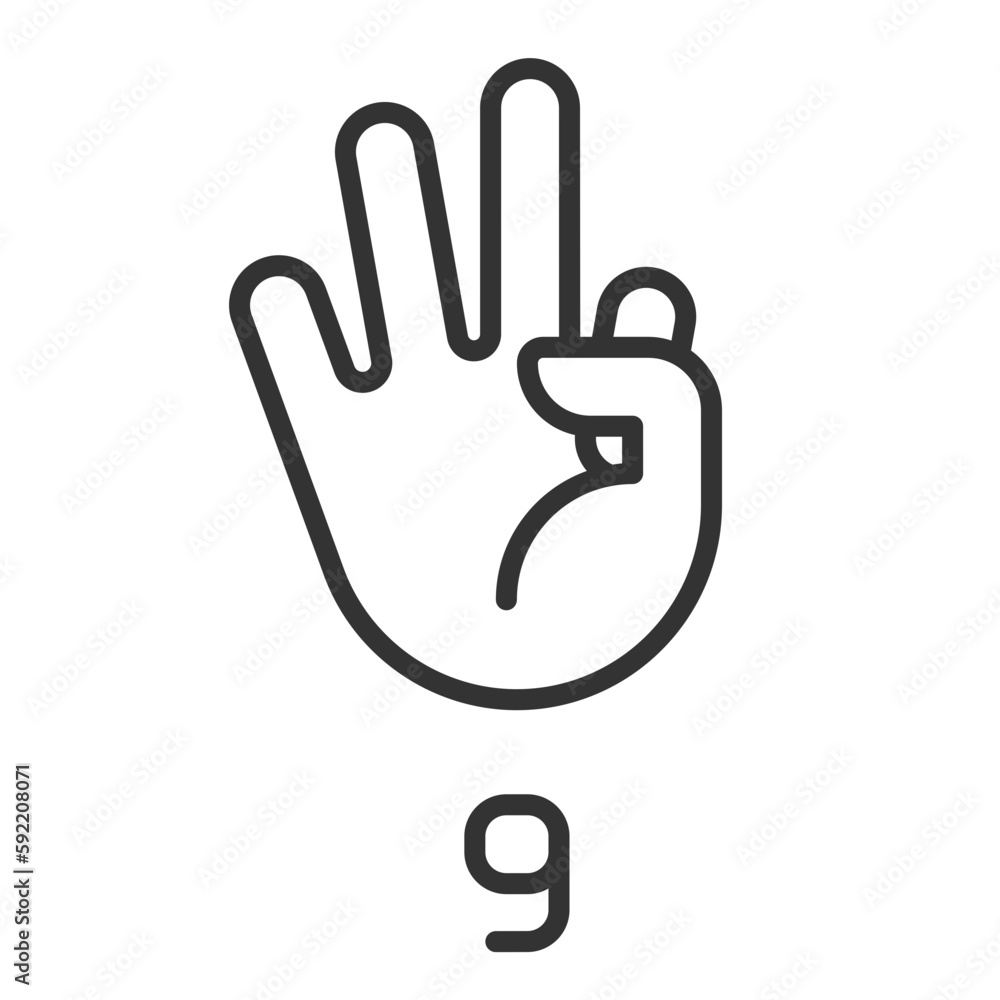 Signing digit nine in ASL pixel perfect linear icon. Non verbal language system. Communication. Thin line illustration. Contour symbol. Vector outline drawing. Editable stroke. Arial font used Signing digit nine in ASL pixel perfect linear icon. Non verbal language system. Communication. Thin line illustration. Contour symbol. Vector outline drawing. Editable stroke. Arial font used