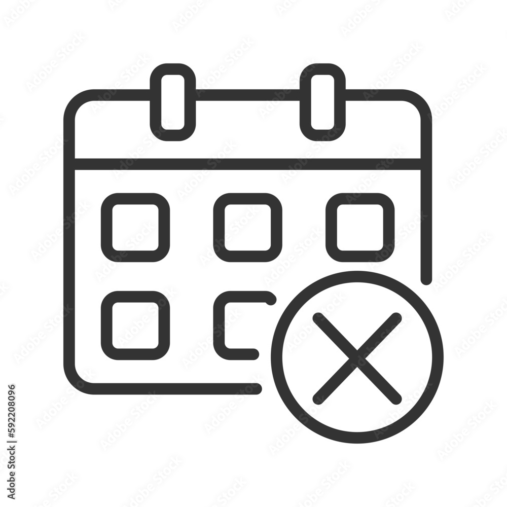Decline event in calendar pixel perfect linear icon. Delete meeting. Remove task. Cancel appointment. Thin line illustration. Contour symbol. Vector outline drawing. Editable stroke. Arial font used Decline event in calendar pixel perfect linear icon. Delete meeting. Remove task. Cancel appointment. Thin line illustration. Contour symbol. Vector outline drawing. Editable stroke. Arial font used