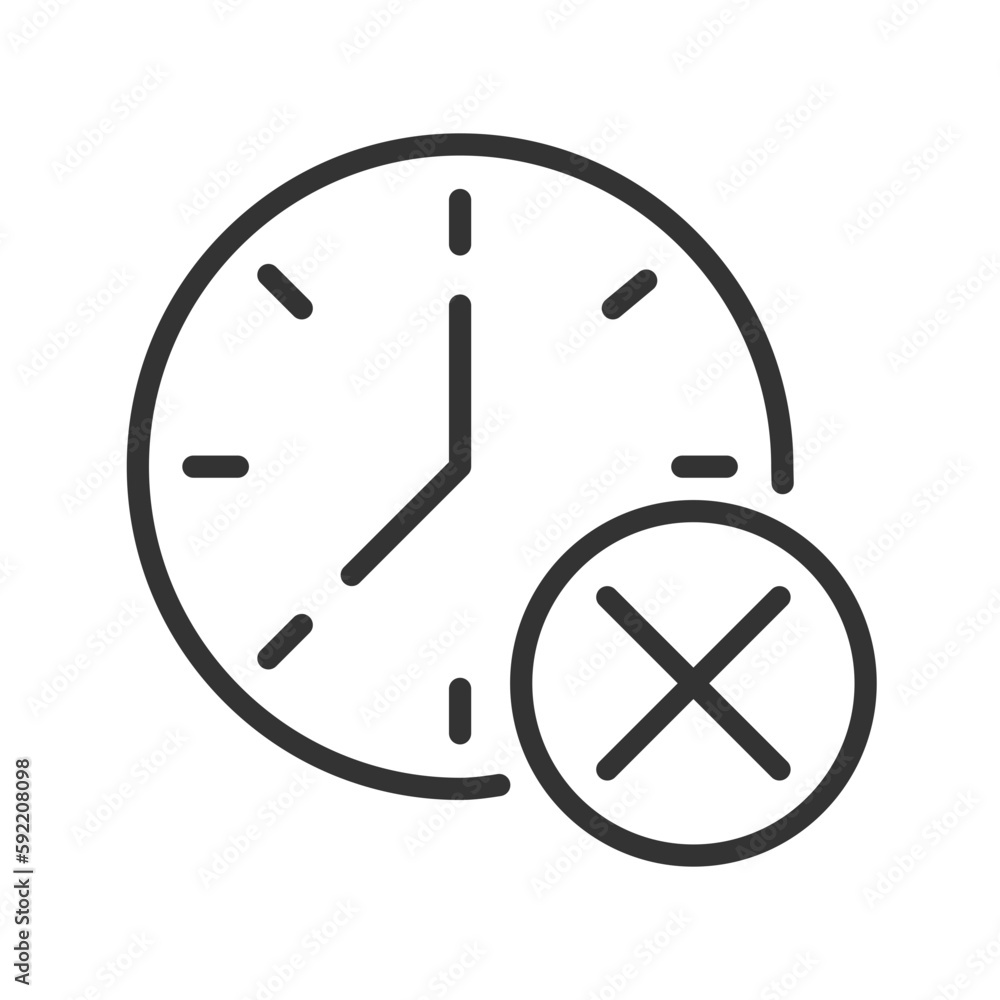 Clock with cross mark pixel perfect linear icon. Digital watch with x sign. Canceling appointment. Thin line illustration. Contour symbol. Vector outline drawing. Editable stroke. Arial font used Clock with cross mark pixel perfect linear icon. Digital watch with x sign. Canceling appointment. Thin line illustration. Contour symbol. Vector outline drawing. Editable stroke. Arial font used