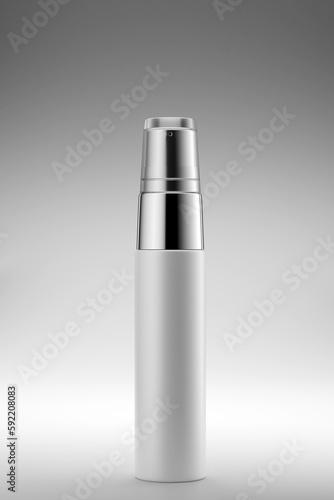 White plastic spray bottle unlabeled for cosmetics isolated on gray background. Mockup for design, 3D rendering, 3d illustration