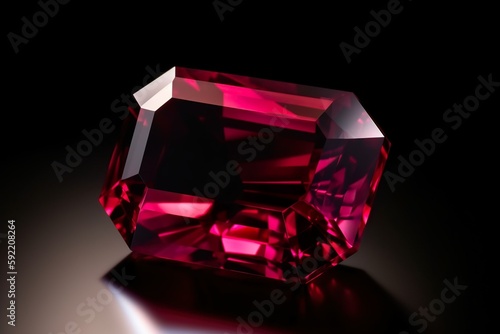 Perfectly cut rubin gemstone, perfectly shaped, shining red on a black background photo