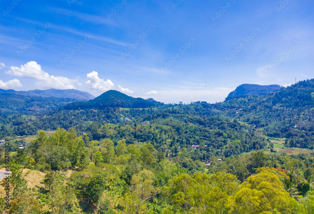 Beautiful mountain tropical landscape with green hills and tea plantations. Photography for tourism background, design and advertising.