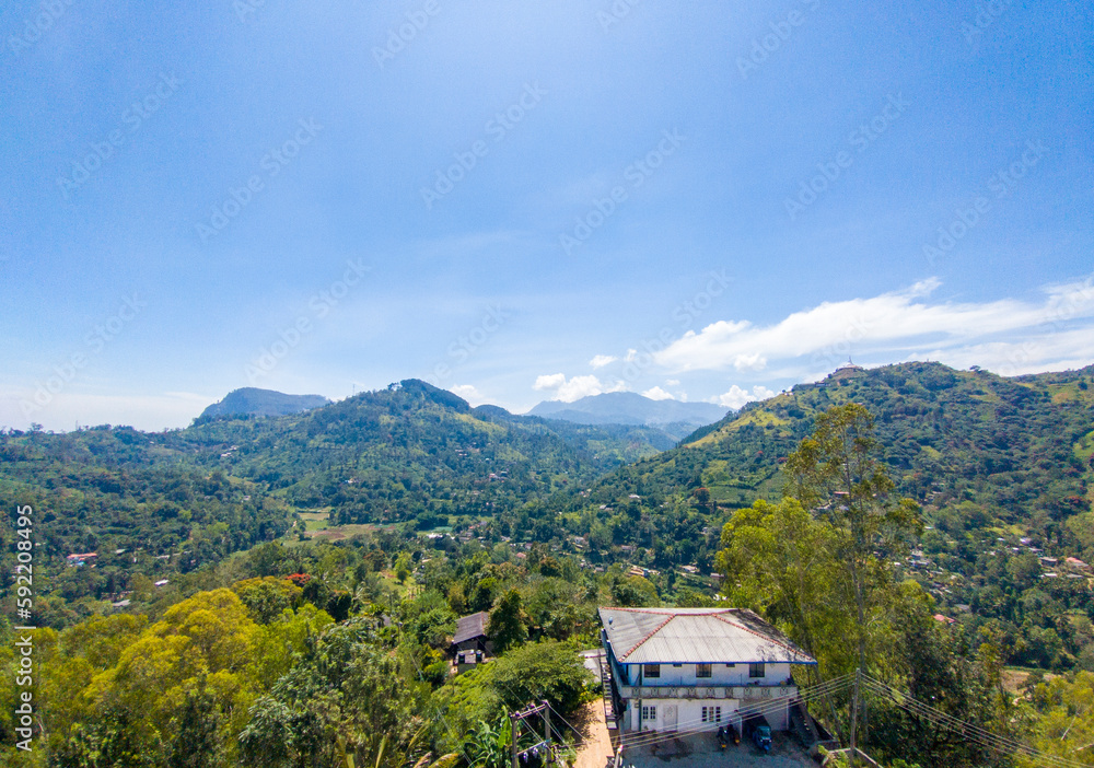 Beautiful mountain tropical landscape with green hills and tea plantations. Photography for tourism background, design and advertising.