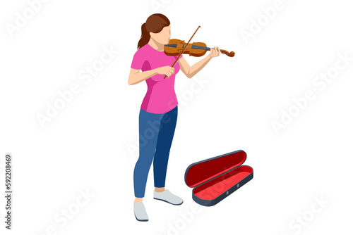 Isometric violinist. Woman playing the violin. Classical stringed musical instrument. Brown violin and bow