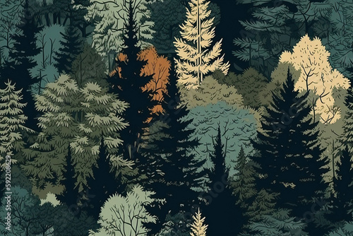 Seamless pattern with firs and pines. Coniferous forest. illustration of Generative AI.