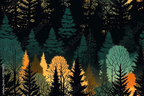 Silhouette dark seamless pattern with firs  pines and other trees. Illustration of Generative AI. Coniferous forest.