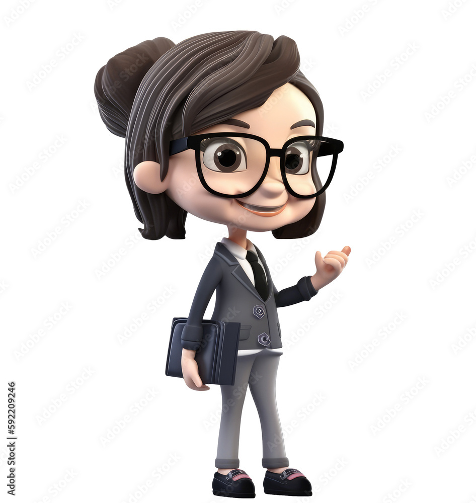 3d icon cute Young smiling business woman or office worker stands and holds work documents folder. people character illustration. Cartoon minimal style on Isolated Transparent png background. Generati 3d icon cute Young smiling business woman or office worker stands and holds work documents folder. people character illustration. Cartoon minimal style on Isolated Transparent png background. Generati
