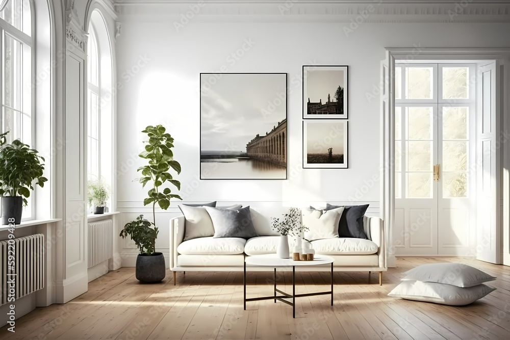 Fototapeta premium Stylish living room interior with white walls, a wooden floor, a long white sofa, two coffee tables, and a mock up horizontal poster. hazy view via a window 