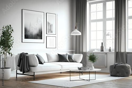 Stylish living room interior with white walls  a wooden floor  a long white sofa  two coffee tables  and a mock up horizontal poster. hazy view via a window 
