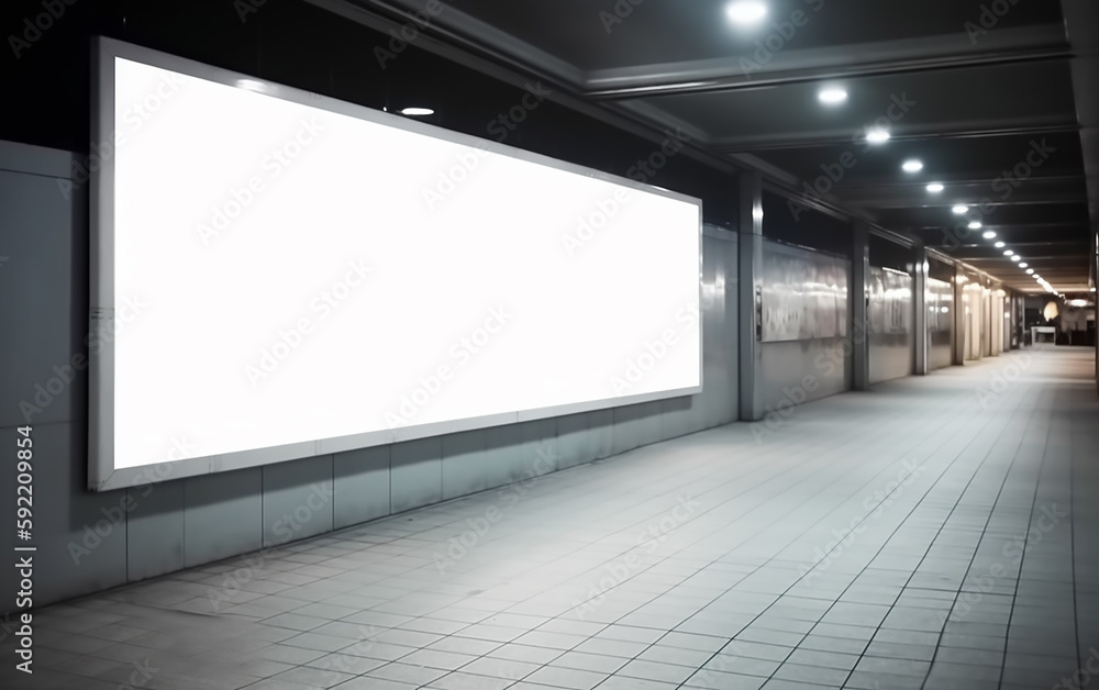 An expansive blank billboard located in a subway station, ready for advertising or public notices, visible to commuters and passersby. An expansive blank billboard located in a subway station, ready for advertising or public notices, visible to commuters and passersby.