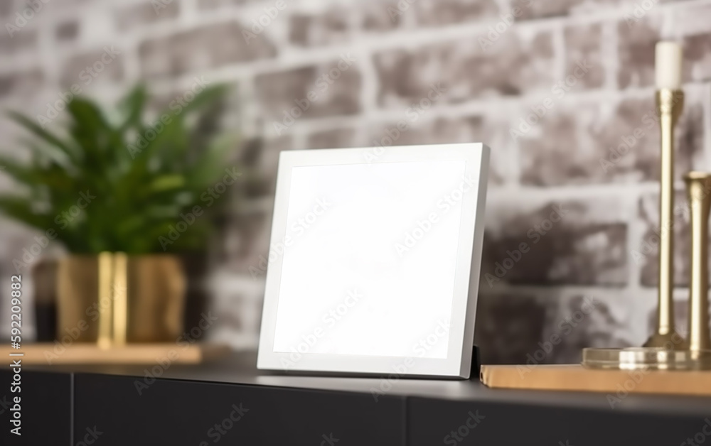 A stylish white picture frame on a modern console table, accented by gold decor and a brick wall, blending urban edge with contemporary design. A stylish white picture frame on a modern console table, accented by gold decor and a brick wall, blending urban edge with contemporary design.
