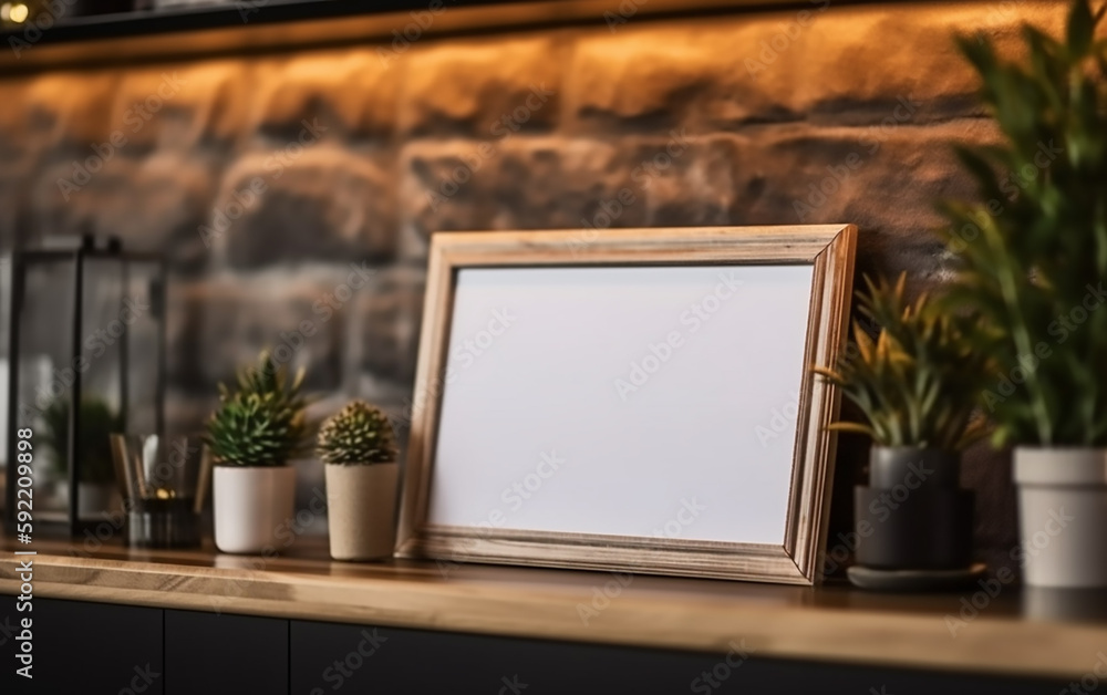 A rustic yet modern mantlepiece with a wooden picture frame, surrounded by an array of potted plants, blending natural textures with contemporary design. A rustic yet modern mantlepiece with a wooden picture frame, surrounded by an array of potted plants, blending natural textures with contemporary design.