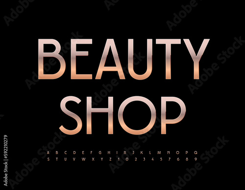 Vector modern sign Beauty Shop. Elegant Goldern Font. Luxury Alphabet Letters and Numbers
