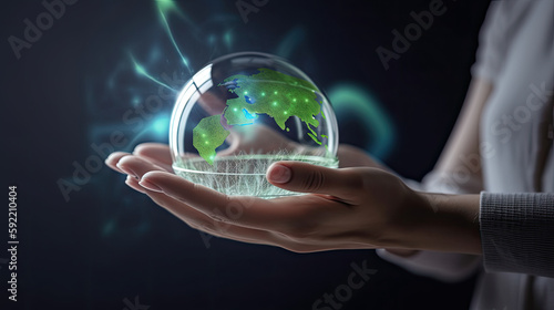 Close-up of human hands holding a sustainable world. Sustainability concept. Generative AI