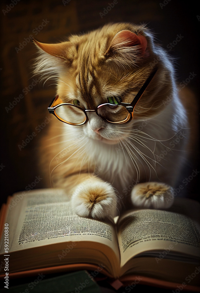 Cute cat with glasses reading a book. AI genarated Cute cat with glasses reading a book. AI genarated