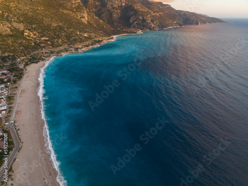 Fototapeta Naklejka Na Ścianę i Meble -  Fethiye Beach in the Summer Season Drone Photo, Oludeniz Fethiye, Mugla Turkiye