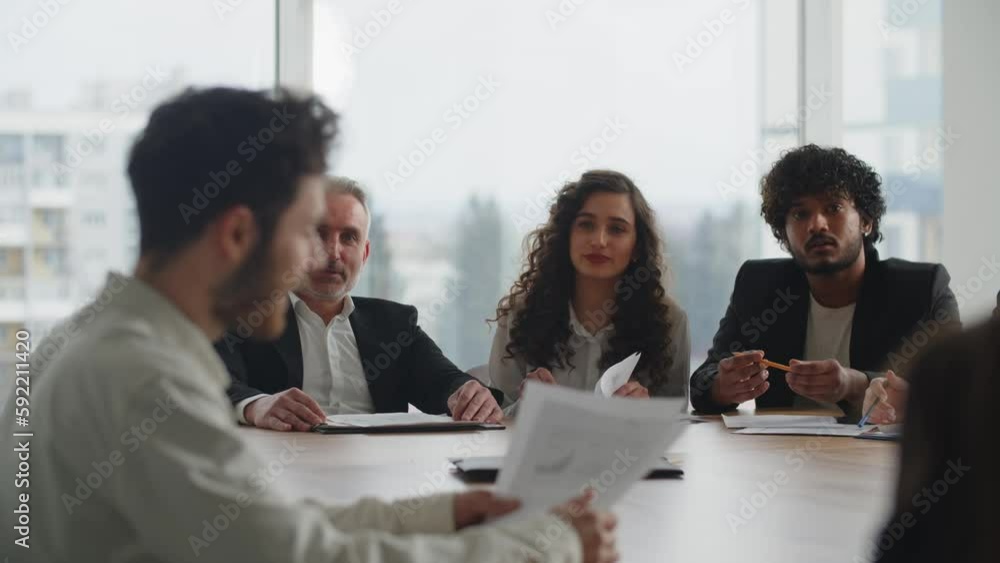 Businessmen hold a meeting of the board of directors, which discusses the need for restructuring the business processes of the enterprise. Business partners share ideas to improve the company's Businessmen hold a meeting of the board of directors, which discusses the need for restructuring the business processes of the enterprise. Business partners share ideas to improve the company's