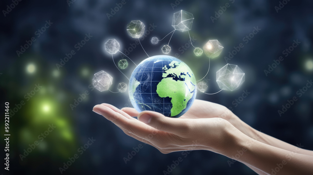 Close-up of human hands holding a sustainable world. Sustainability concept. Generative AI Close-up of human hands holding a sustainable world. Sustainability concept. Generative AI