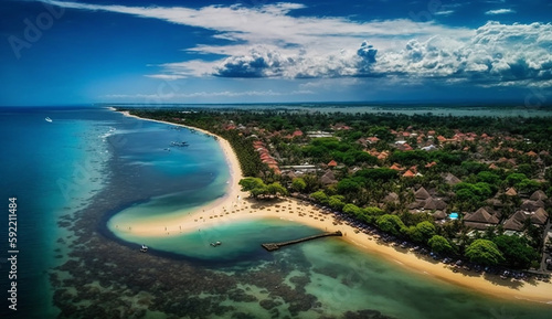 Aerial view of Sanur beach, Bali, Indonesia Generative AI